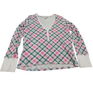 Victoria’s Secret Plaid Thermal Waffle Knit Top L Pink Green Holiday Christmas